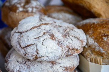 Scottish homemade rye bread on sale on Sunday street market in Edinburgh