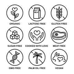 Vector Icon Set: Gluten, Sugar, Meat, Lactose, GMO, Palm Oil Free. Organic, Cooked with Love, Vegan.