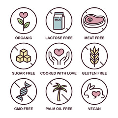 Vector Icon Set: Gluten, Sugar, Meat, Lactose, GMO, Palm Oil Free. Organic, Cooked with Love, Vegan.