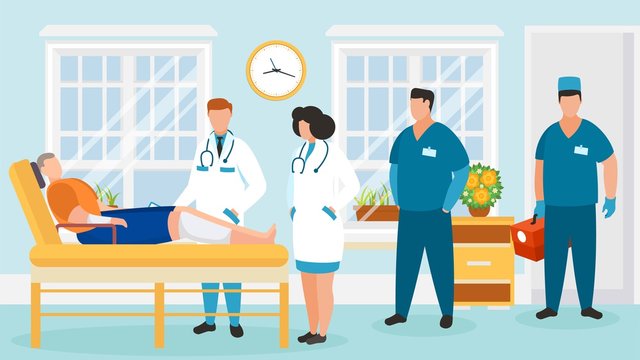 Doctors group visit patient in hospital ward vector illustration. Man with sick injured leg lies in bed. People team doctors and orderlies in clinic room. Healthcare and medical treatment.