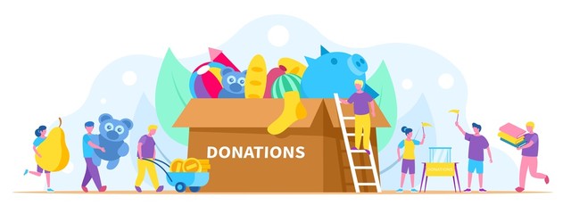 Donation, charity concept vector illustration, people collect different things in huge donation box. Activists volunteers and men, women carrying food, books, toys and money.