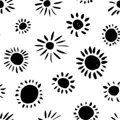 Simple black ink scattered flowers hand drawn vector seamless pattern. Dry brushstrokes creative printmaking texture.
