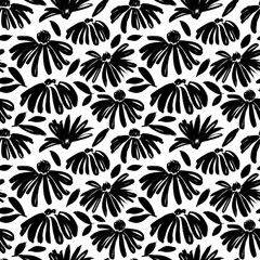 Daisy flower vector seamless pattern. Hand drawn botanical ink illustration with floral motif, leaves.