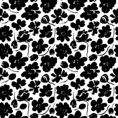 Papier Peint photo autocollant Noir et blanc Modèle sans couture de fleurs brosse silhouette. Fond abstrait de fleurs, de tiges et de bourgeons. Pivoine, anémone, rose en fleurs.