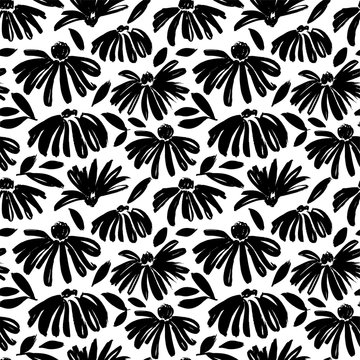 Daisy flower vector seamless pattern. Hand drawn botanical ink illustration with floral motif, leaves.