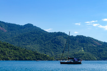 Sailboat in the ​​Angra dos Reis bay in Rio de Janeiro, Brazil