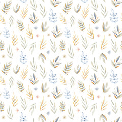 Hand painted watercolor seamless pattern (digital paper, background, texture) with leaves, brunches and flowers in soft color scheme - blue, green, orange, gold..
