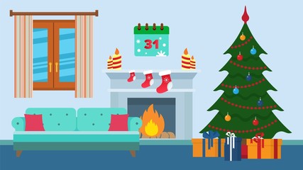 Room interior festively decorated for Christmas Xmas New Year holiday celebration vector illustration. Living room with fireplace, christmas tree, sofa. Gifts stocking candle, calendar.