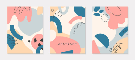 Set of modern vector collages,hand drawn organic shapes and textures in retro pastel colors.Trendy contemporary design perfect for prints,flyers,banners,invitations,branding design,covers and more