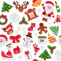 Fototapeta na wymiar Christmas xmas icons symbols vector illustration seamless pattern. Festive Christmas New Year celebration collection set wallpaper background isolated. Cartoon Santa, reindeer, snowman, tree, gifts.