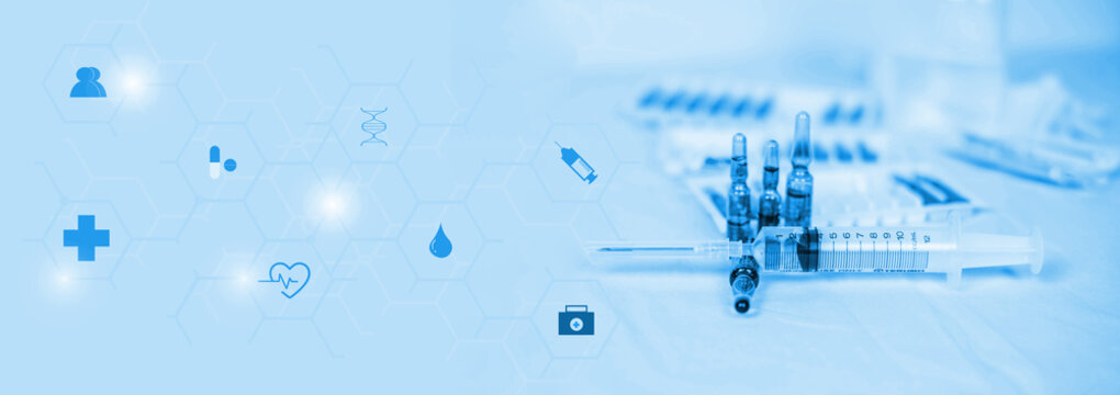 doctor injects the drug into the needle to treat and prevent the virus for the patient in laboratory, healthcare and icon medical network connection on virtual screen interface.Vaccination concept.