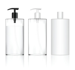 Cosmetic transparent plastic bottle with dispenser pump. Skin care bottles for shower gel, liquid soap, lotion, cream, shampoo, bath foam. Beauty product package. Vector illustration.