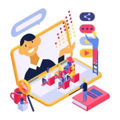 Fototapeta premium Online training education technology concept vector illustration isometric isolated. People group listen internet conference speaker from laptop screen. Assistants help set up video.