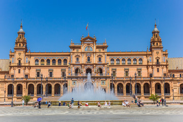 Fountain and main building at the Plaza Espana in Sevilla, Spain
