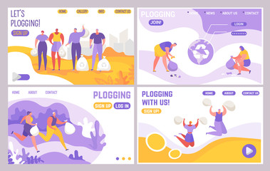 Plogging landing web page set vector illustration. Running people men, women with garbage bags jog, collect trash, plastic for recycling. Internet advertising for followers to environmental plogging.