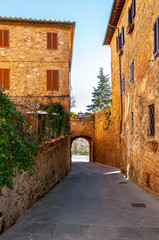 Pienza in Tuscany, Italy. UNESCO heritage village, called ideal city in the Renaissance period. Protected by high walls, it is famous for the "Pecorino of Pienza" cheese.