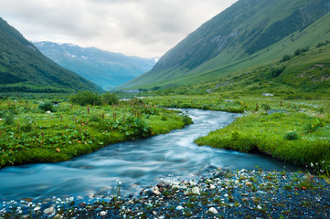 Amazing landscape with river and green grass in spring Caucasus mountains