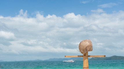 Coconut on the cross and on blurred image the sea and sky background,
