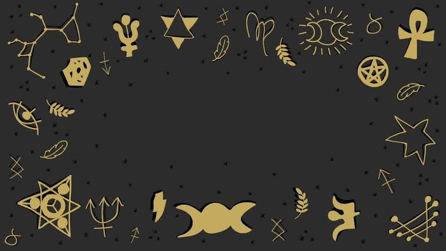 Loopable animation of gold occult and esoteric symbols on a black background