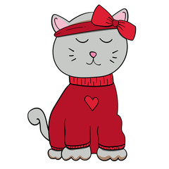 Hand drawn Cute cat Meow red heart. Vector print design.