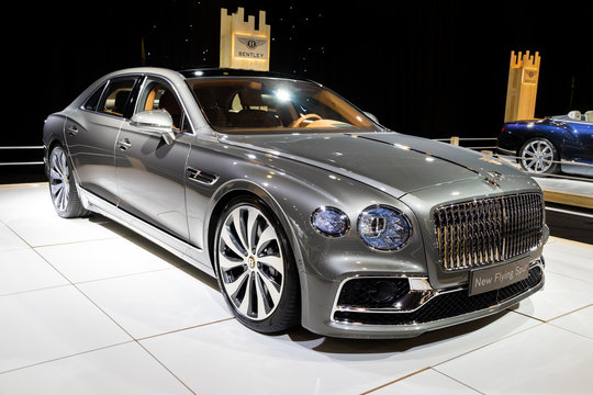 BRUSSELS - JAN 9, 2020: New Bentley Flying Spur luxury car model showcased at the Brussels Autosalon 2020 Motor Show.