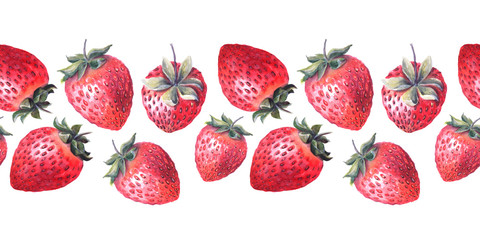 Watercolor seamless border with ripe berries and a sprig of strawberries