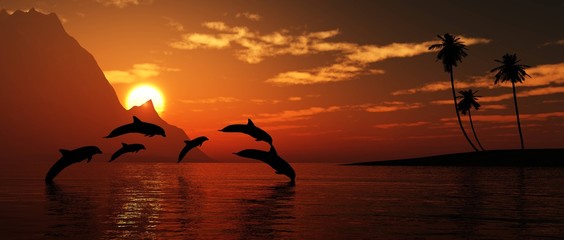 Dolphins play at sunset, tropical sea sunset, 3D rendering