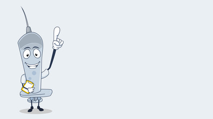 syringe with cute cartoon smile face hand pointing in plain pastel blue  background illustration with blank space for presentation or web design