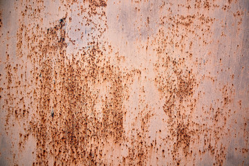 Rusty metal surface with peeled paint and etched numbers. Abstract background texture.
