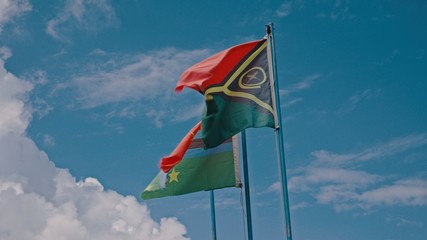 Cinematic footage of the Vanuatu and Pentecost Island flag flying in the gentle breeze wind in...