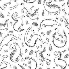 Cute dinosaurs drawn vector seamless pattern. Black and white background with prehistoric animals in cartoon style.