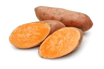 Sweet potatoes with slices isolated on white background