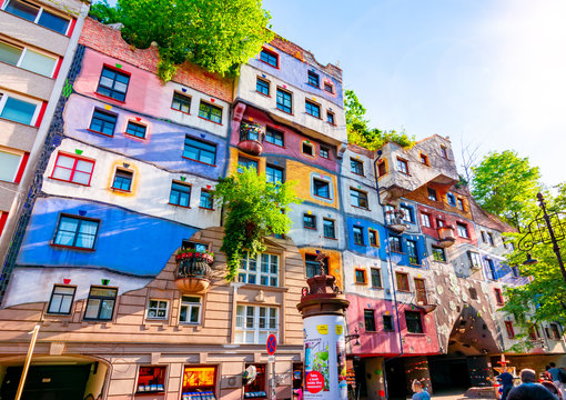 Vienna, Austria- April 2019: Hundertwasser house facade