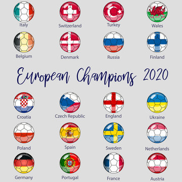 Flags of countries participating in the European Football Championship 2020, soccer ball