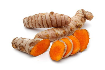 Fresh turmeric with slices isolated