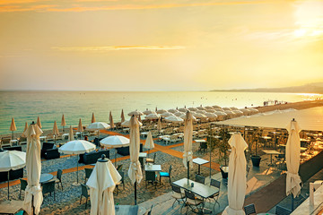 Beach in Nice at sunset. French Riviera, Cote d’Azur, France