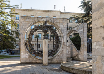 Obraz premium Sculptural group made of stone and metal opposite the city opera house on the Shota Rustaveli Ave in the old part of Kutaisi in Georgia