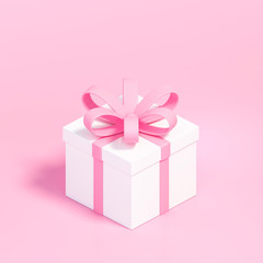 White gift box with pink ribbon isolated on pastel pink background 3d rendering, 3d illustration minimal style concept.