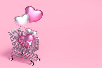 Metallic silver and pink hearts floating on shopping cart with pastel pink background 3d rendering. 3d illustration sweet heart and Valentines Day shopping greeting card template minimal concept.
