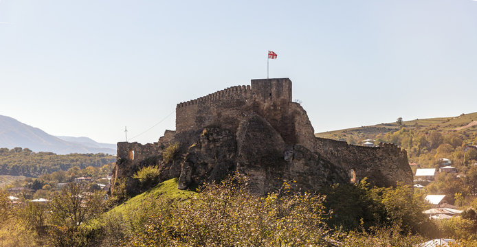 The ruins  of the Surami Fortress stand on a hill near the road leading from Kutaisi to Tbilisi in Georgia
