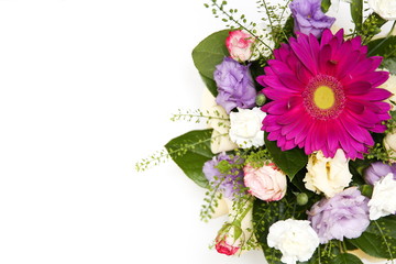 white background with a bouquet of flowers and copy space top view