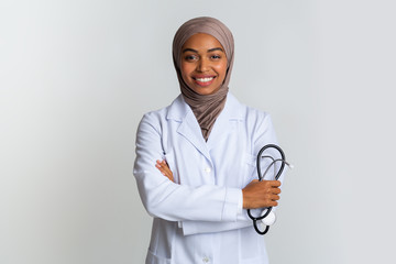 Portrait Of Young Afro Muslim Female Doctor In Hijab With Stethoscope
