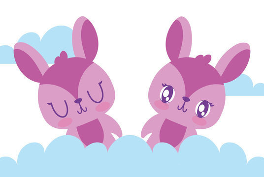Cute rabbits cartoons and clouds vector design