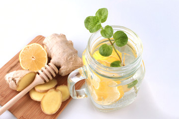 Glass of water, lemon, mint and ginger as background. Detox.