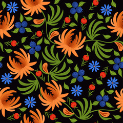 Seamless pattern with flowers and berries on a dark background. Vector graphics.