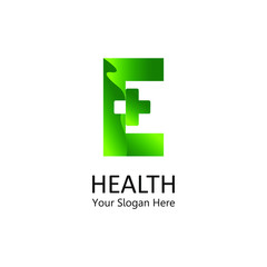 health logo letter e, with a combination design of the letters v and plus into one logo / symbol that is unique and elegant.grading gradation green.isolated white.modern template.