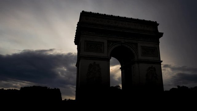 Paris: Arc de Triomphe at Sunrise, Time Lapse with Dark Silhouette of Triumphal Arch, France