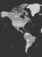 Americas map - grey colored on dark background. High detailed political map of North and South America continent with country, capital, ocean and sea names labeling