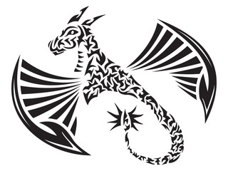 Illustration of a Winged Dragon in tribal tattoo style