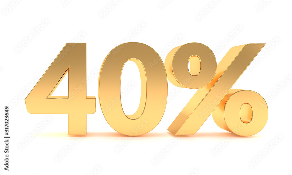 Wall mural gold 40 percent discount sale promotion. 40% discount isolated on white background. forty percent of